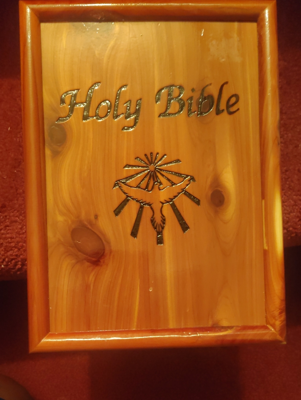 Wooden Holy Bible Wall Plaque with Dove Motif - Light Honey Wood